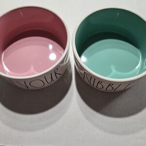Rae Dunn Ceramic Dog Cat Bowls SAVOR & NIBBLE Pink & Blue/Teal Set Medium